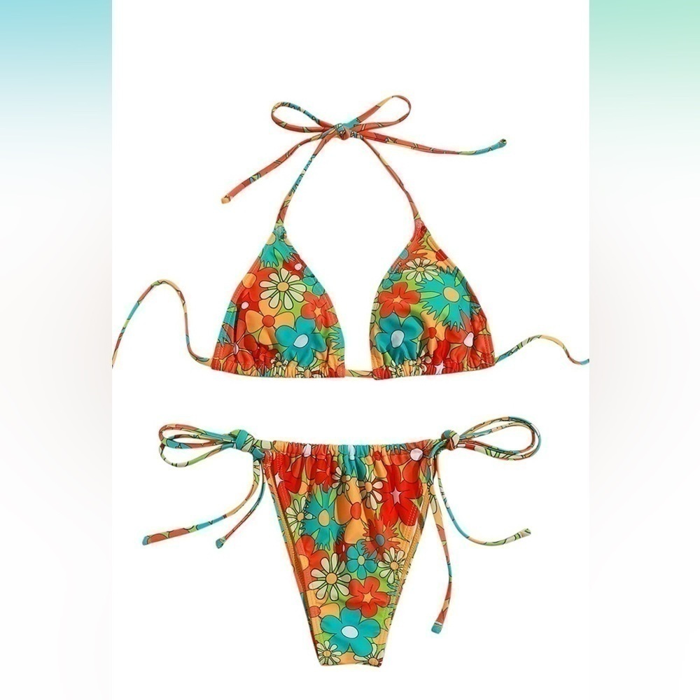 𝅺HIPPIE Bikini set Floral Printed Halter Strappy Bra+Underwear Swimsuit NWOT